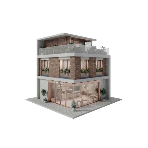 Edificio moderno de tres pisos con cafetería.