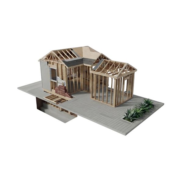 Modelo en construcción de una casa con estructura de madera.