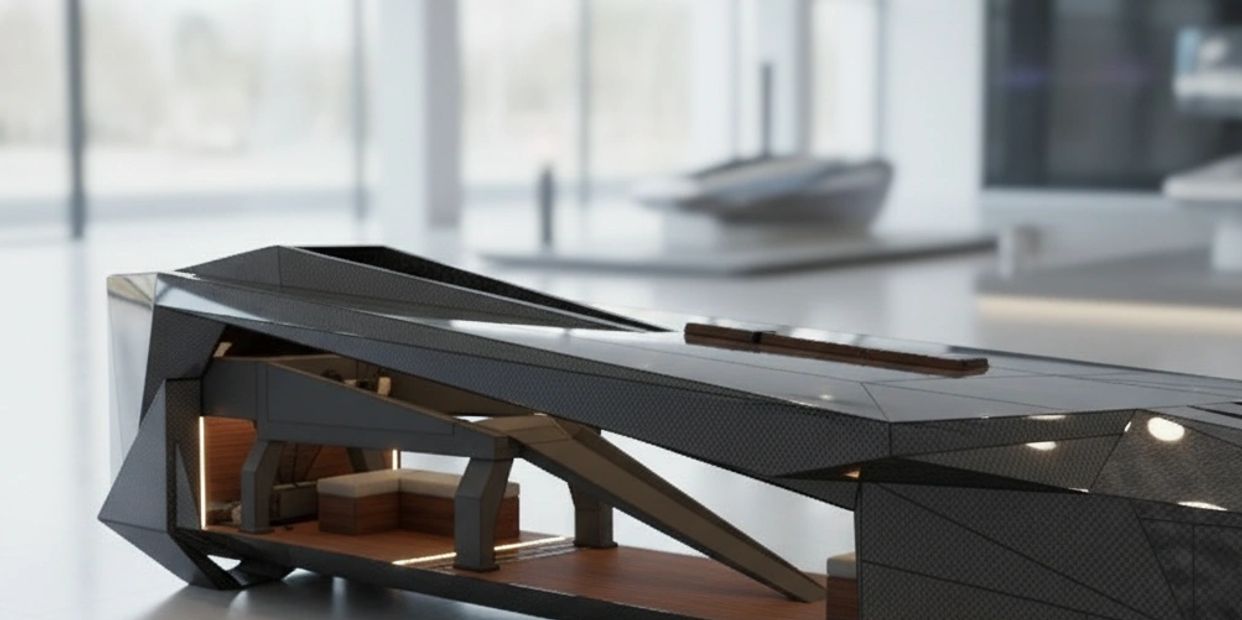 Sleek modern yacht model with angular design and wooden interior.