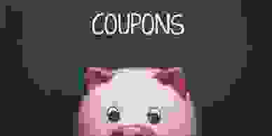 the word coupons and a piggy bank