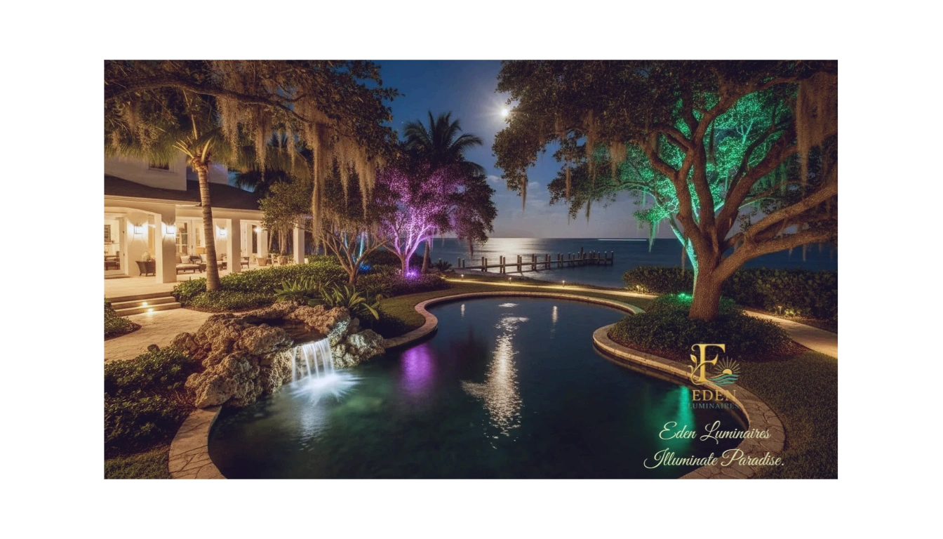 Nighttime poolside scene with colorful illuminated trees and a waterfall by the water's edge.