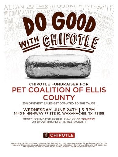 Chipotle fundraiser supporting Pet Coalition of Ellis County with 25% event sales donated.