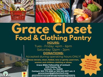 Flyer for Grace Closet Food &amp; Clothing Pantry with hours and donation guidelines.