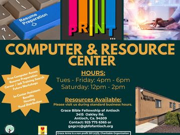 Flyer for Computer &amp; Resource Center with hours and resources listed.