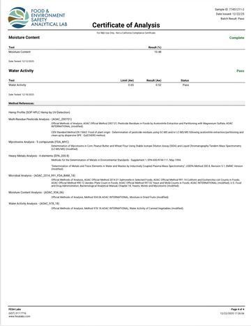 Certificate of Analysis for moisture content and water activity tests, showing pass status.