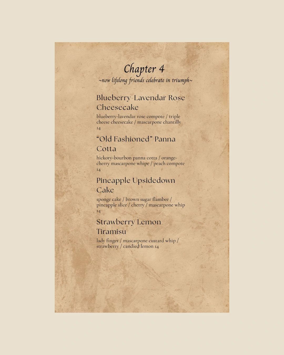 Dessert menu titled Chapter 4 with four selections.