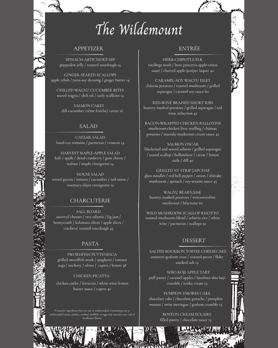 The Wildemount restaurant menu with appetizers, salads, charcuterie, pasta, entrees, and desserts.