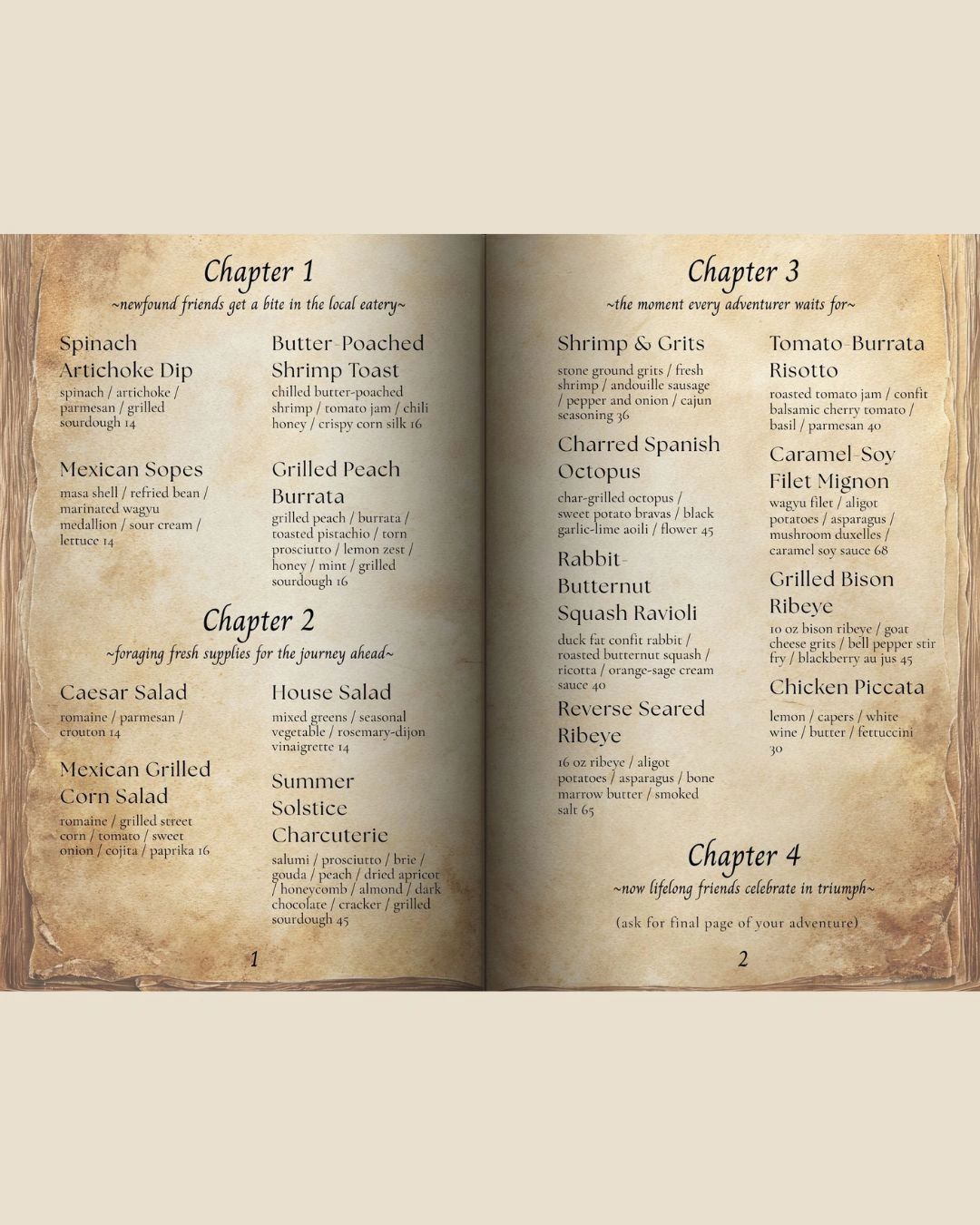 Vintage-style menu with chapters featuring appetizers, salads, seafood, and main courses.