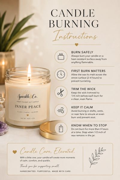 Candle burning safety and care instructions with a lit candle.