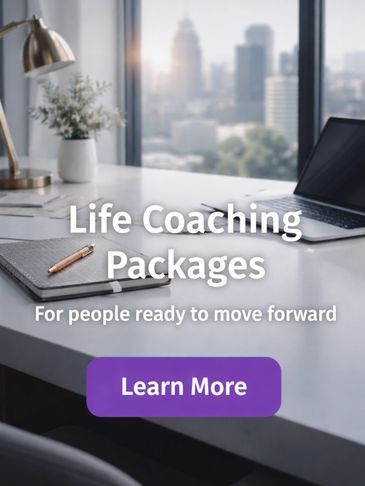 Modern office desk with life coaching ad overlay inviting action.