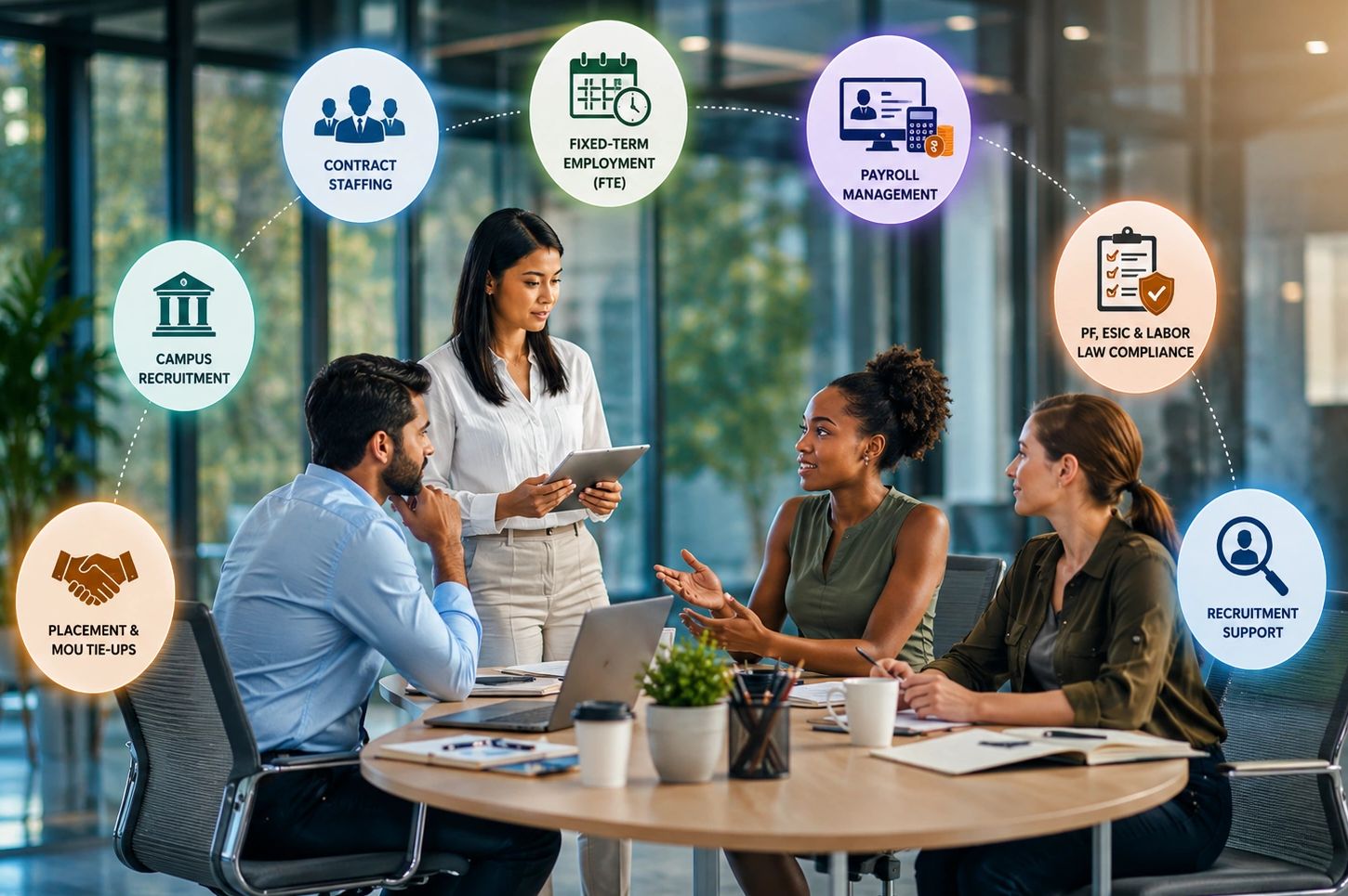 Team discussing recruitment and employment services around a conference table.