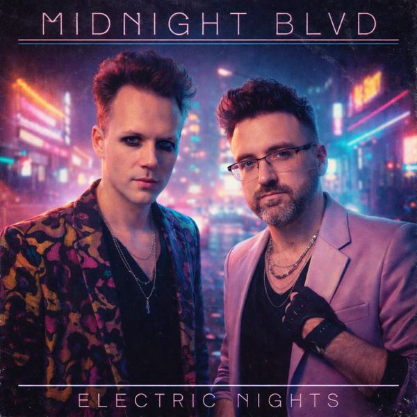 Two men in retro outfits pose under neon lights for Midnight BLVD's Electric Nights album cover.