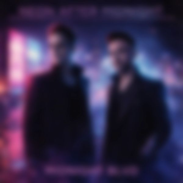 Two men standing against a neon-lit cityscape background at night.