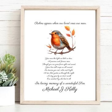 memorial print for a deceased son with an image of a robin and a poem