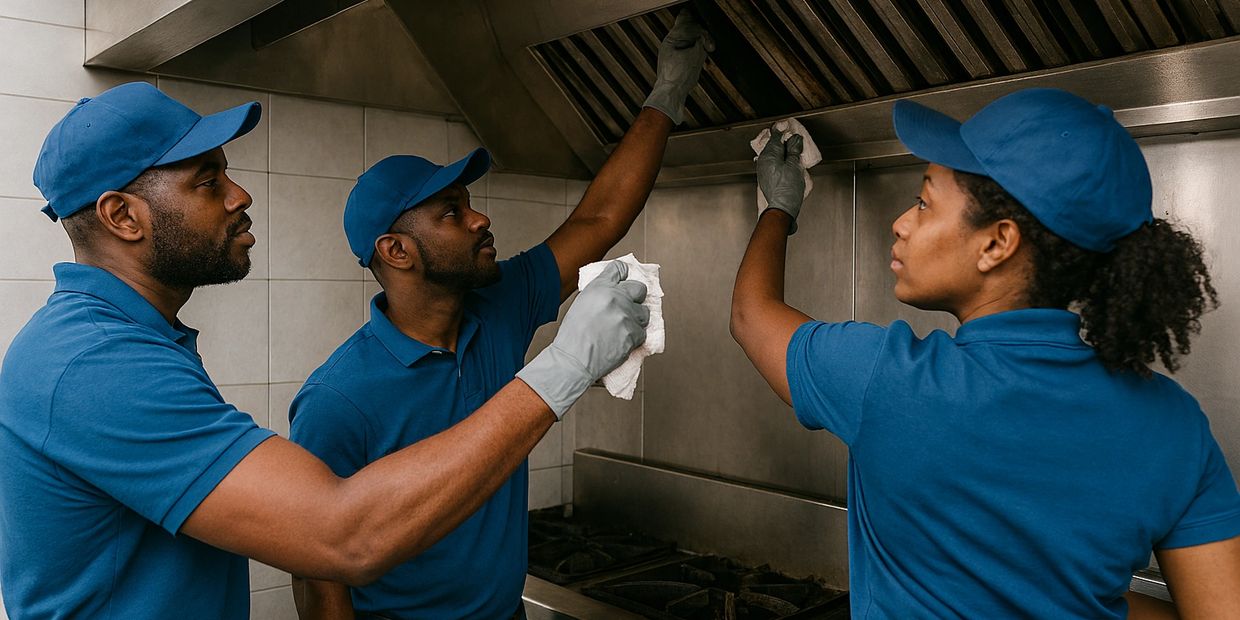 Two technicians cleaning a commercial kitchen exhaust hood