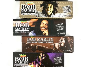 Bob Marley branded pure hemp cigarette papers with 50 leaves per pack.
