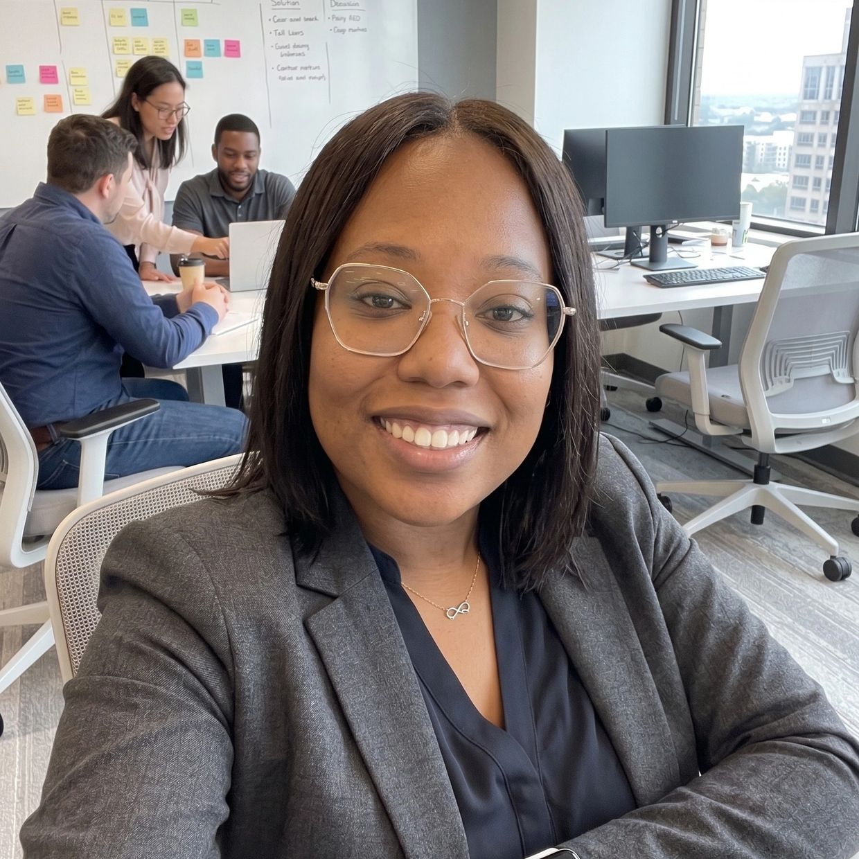Smiling woman taking a selfie in a modern office with colleagues working in the background.