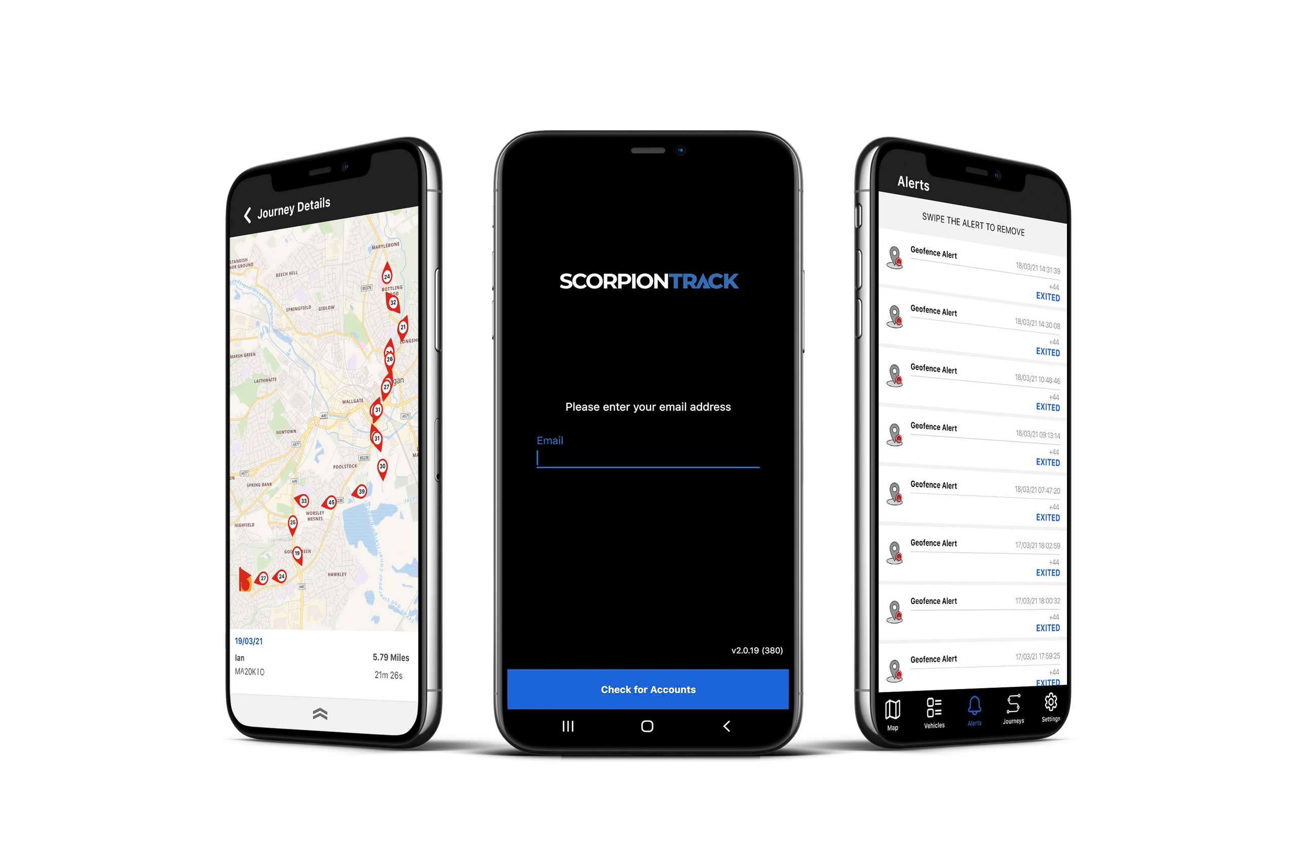 Three smartphones showing ScorpionTrack app screens for journey details, login, and alerts.