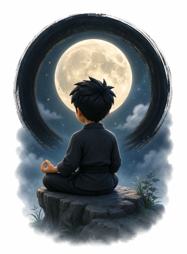 Kind beim Meditieren vor dem Vollmond.