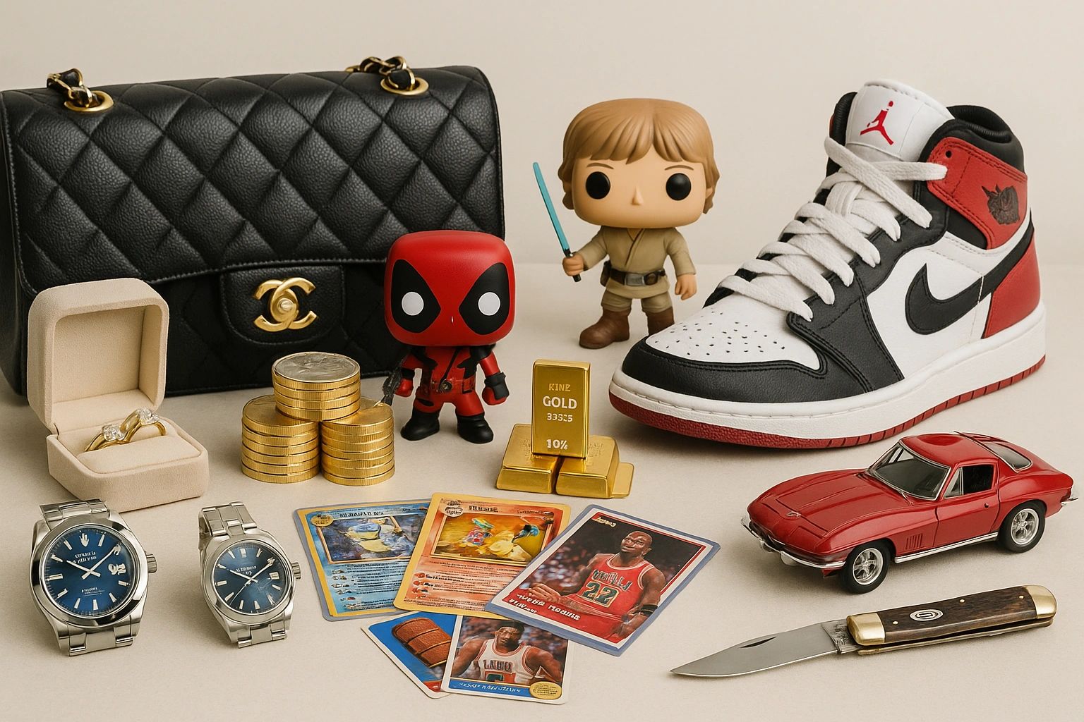 A collection of luxury items, collectibles, and memorabilia arranged neatly.