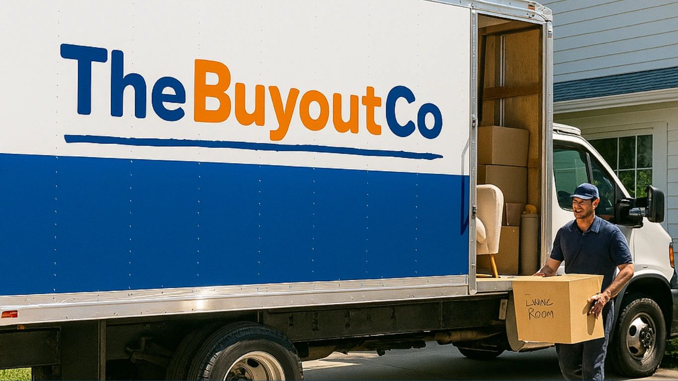Delivery worker unloading a living room box from The Buyout Co truck.