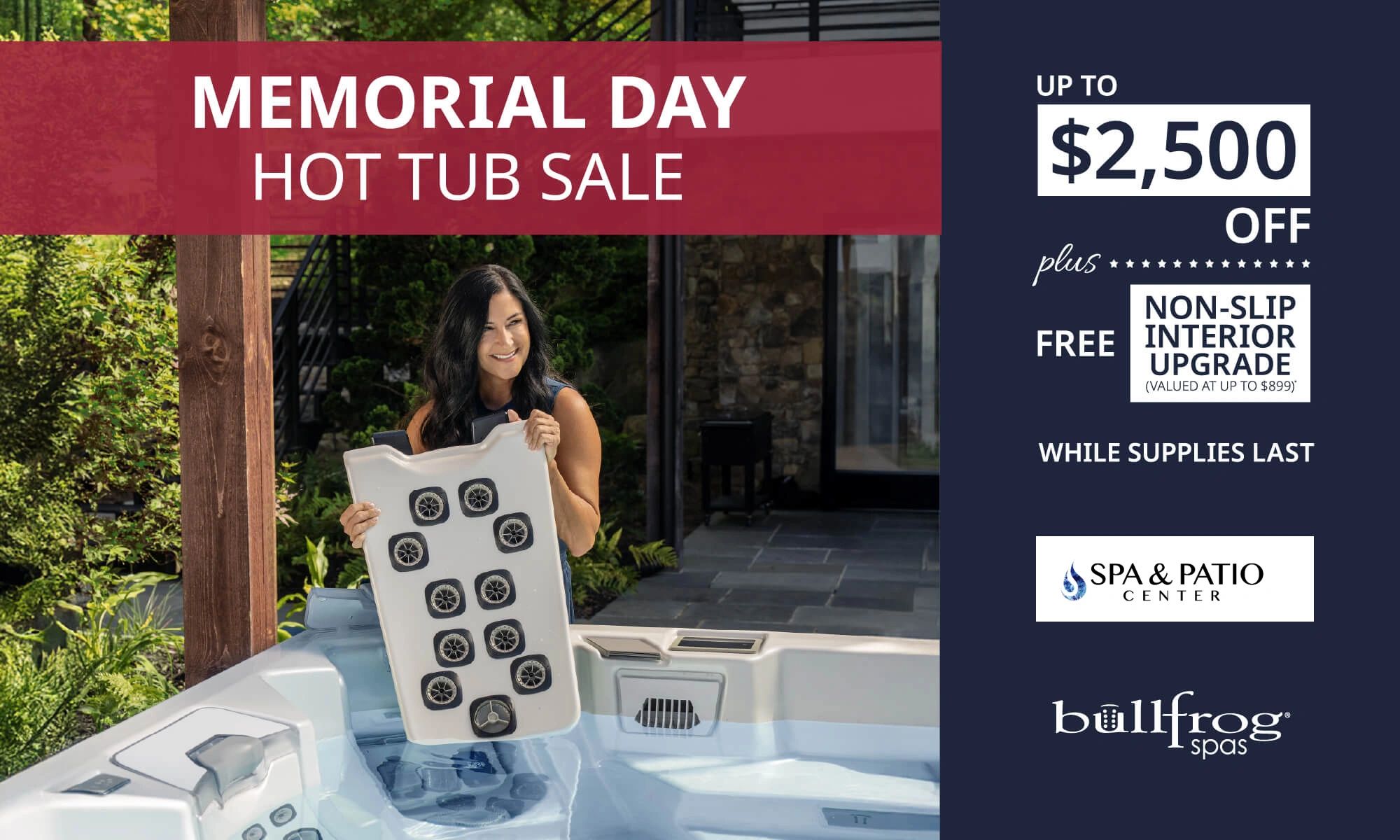 Woman holding a JetPak on a Memorial Day promotion for bullfrog spas