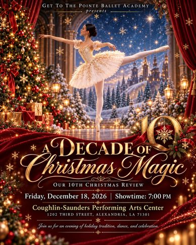 Ballet-themed Christmas show poster with festive decorations.