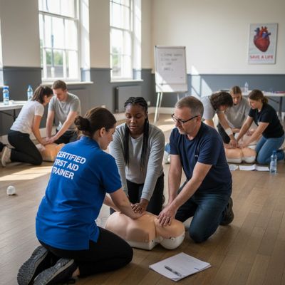Group learning CPR chest compressions on mannequins in a bright classroom.