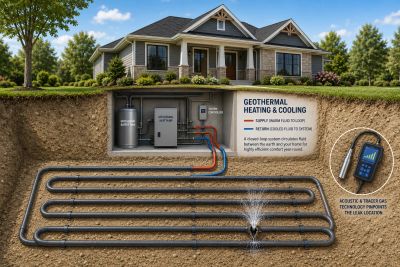 Diagram of geothermal heating and cooling system for residence
