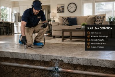 Cutaway image of technician using sophisticated listening device to identify location of leak under 