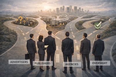 Business professionals face multiple paths labeled Advertisers, Publishers, Agencies, and Oversight.