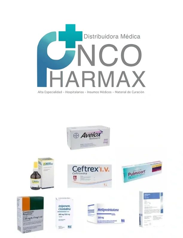 Logo y medicamentos de Distribuidora Médica Oncopharmax.