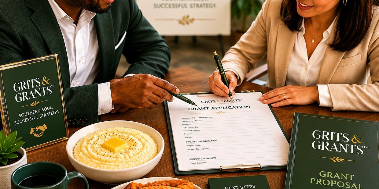 Two professionals working on a Grits &amp; Grants grant application at a table with food.
