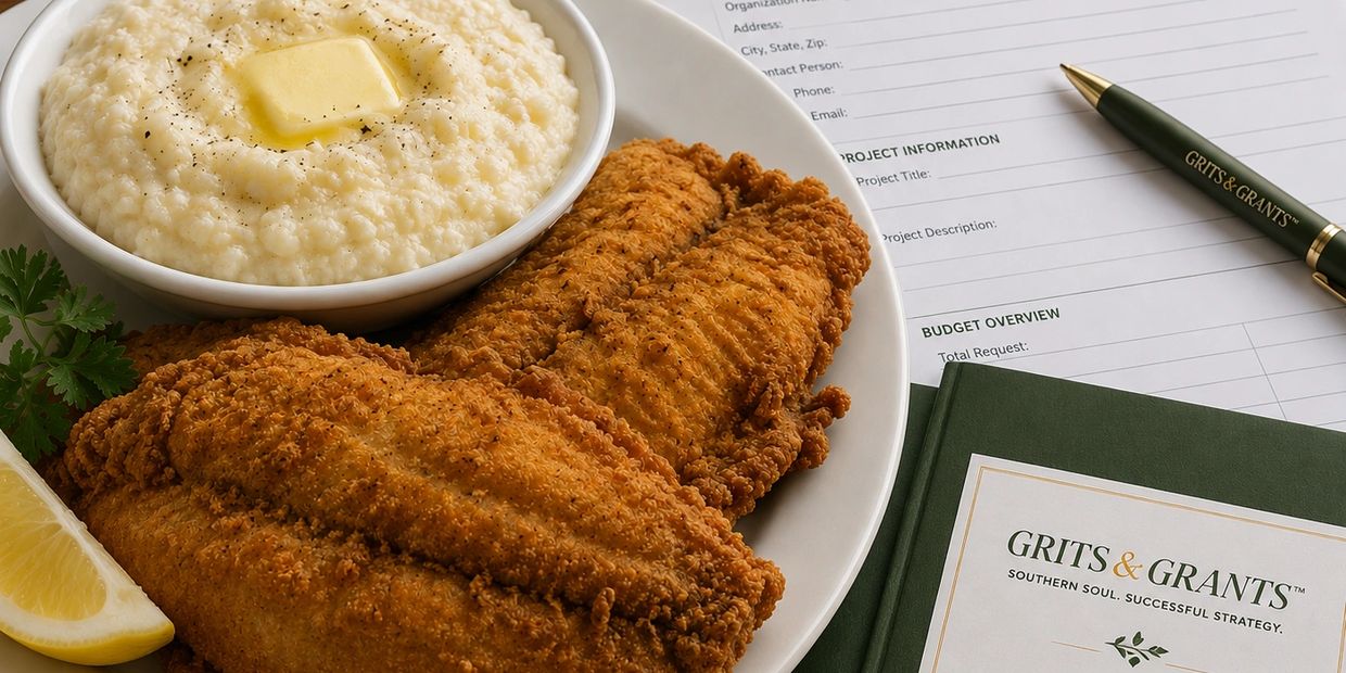 Fried catfish with buttered grits and lemon wedge on a plate beside a Grits &amp; Grants form and pen.