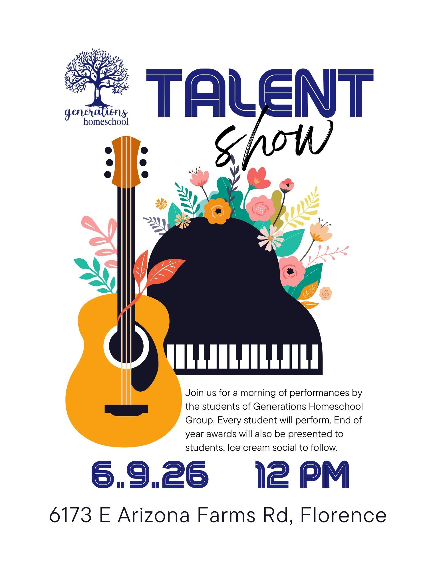 Generations Homeschool Talent Show poster with guitar, piano, and floral design.