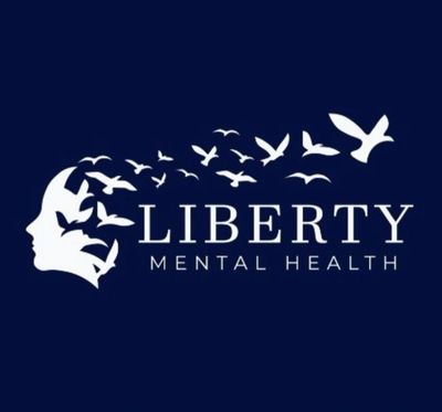 Logo of Liberty Mental Health with birds flying from a person's head silhouette.