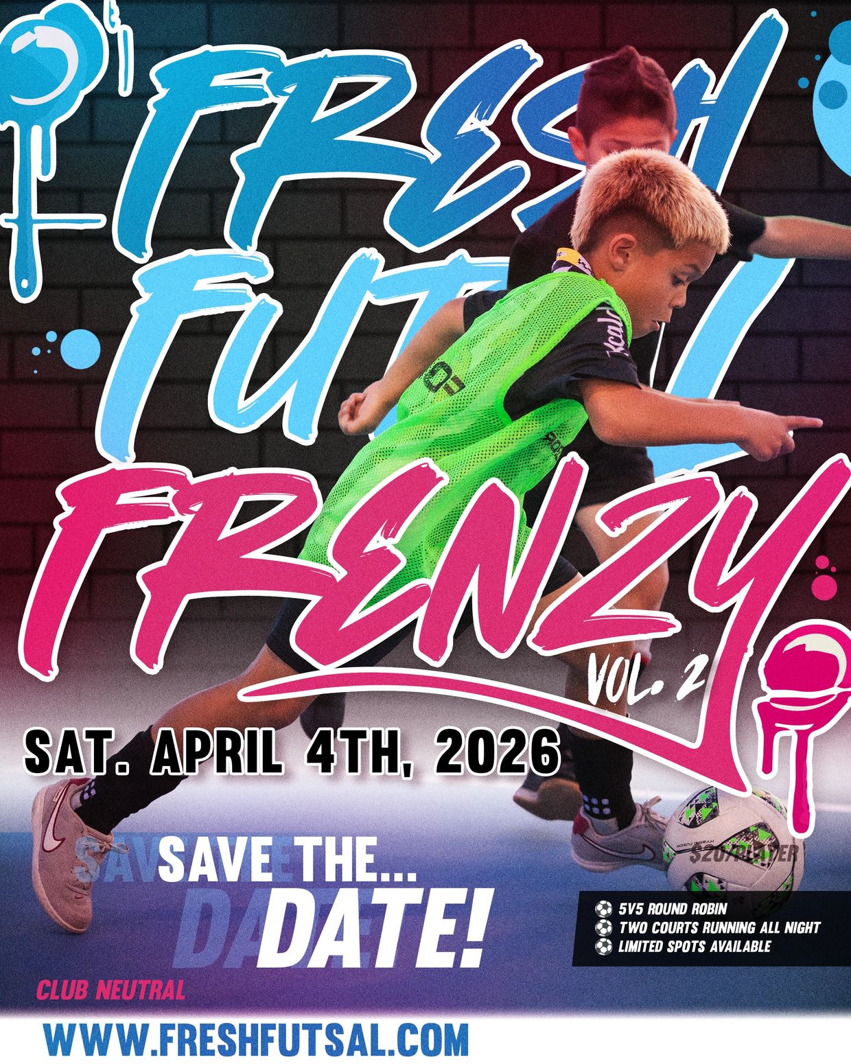 Youth futsal players compete in the Fresh Futsal Frenzy event on April 4, 2026.