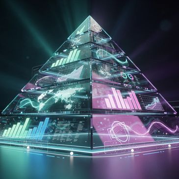 A futuristic pyramid displaying digital data and graphs with neon lights.