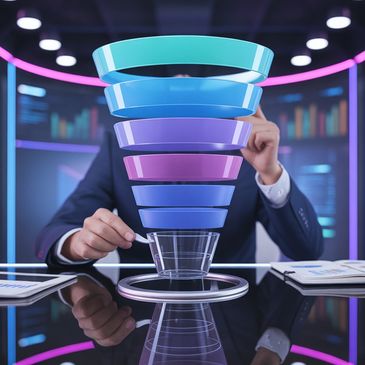 Businessman interacting with a colorful 3D funnel chart in a futuristic office.