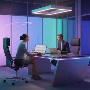 Two professionals discussing financial data in a modern office.