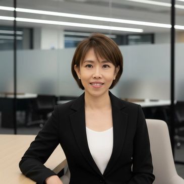Professional woman in a black suit sitting confidently in an office.