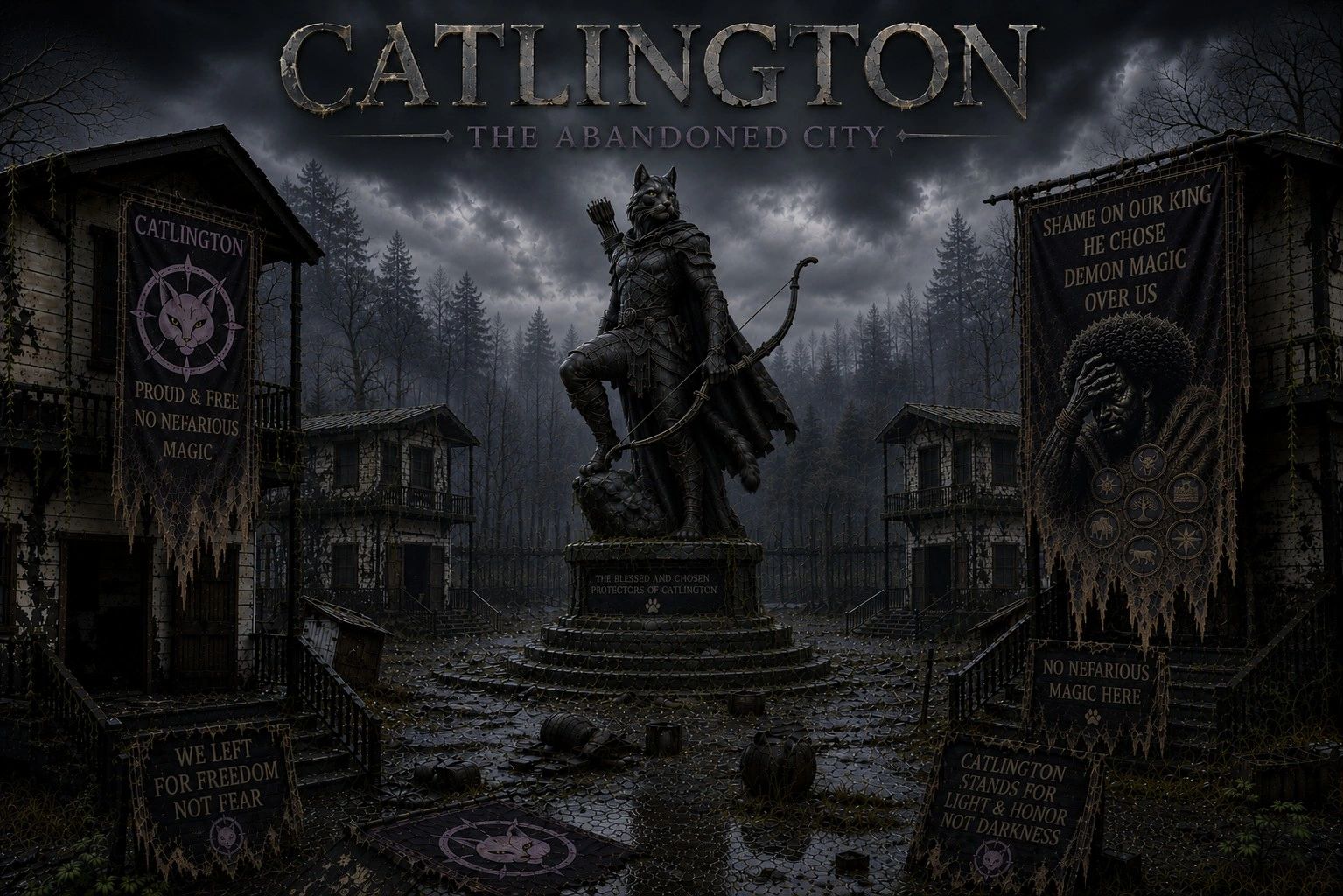Dark abandoned city with cat warrior statue and ominous banners.