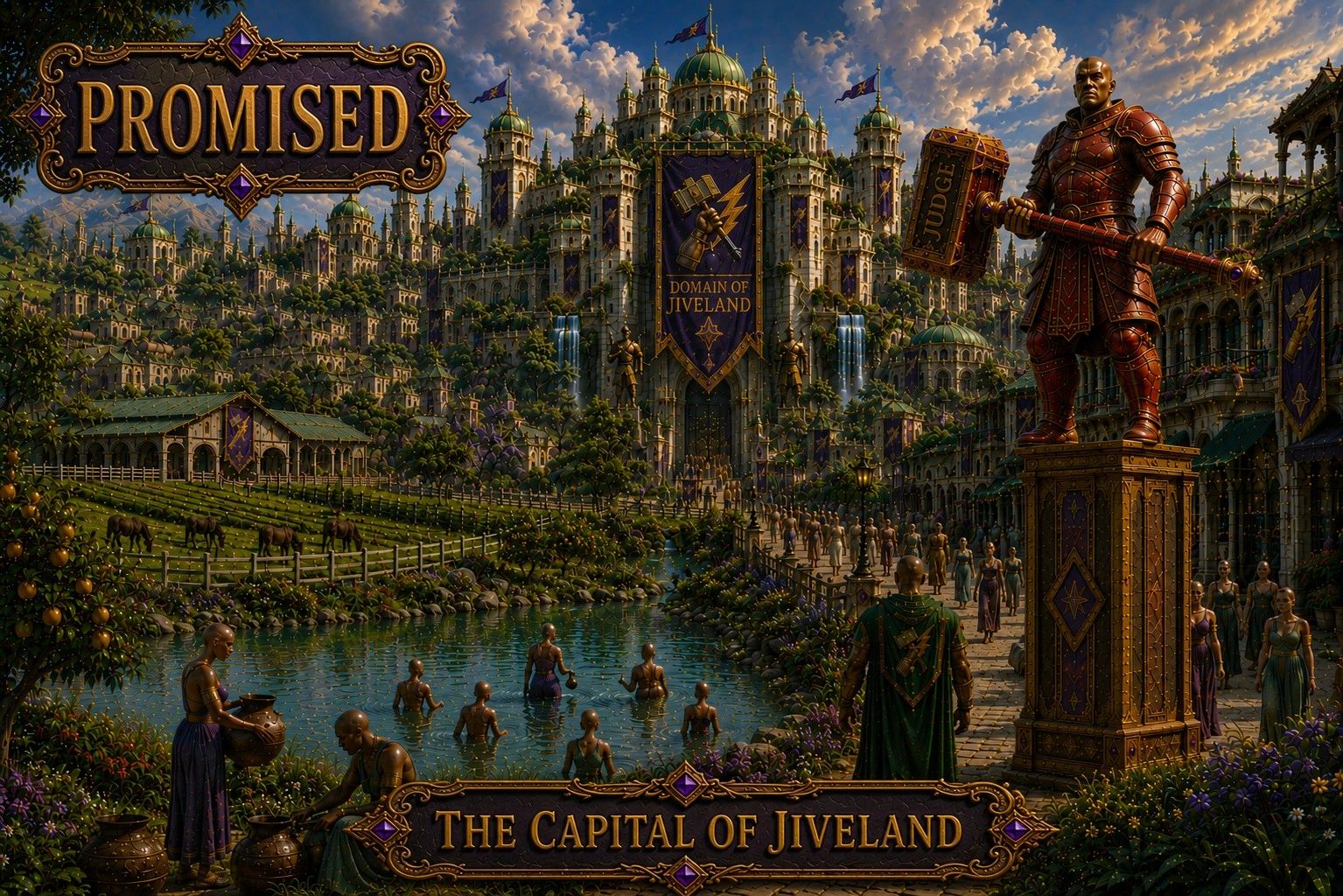 Majestic cityscape with a giant statue and bathing figures.