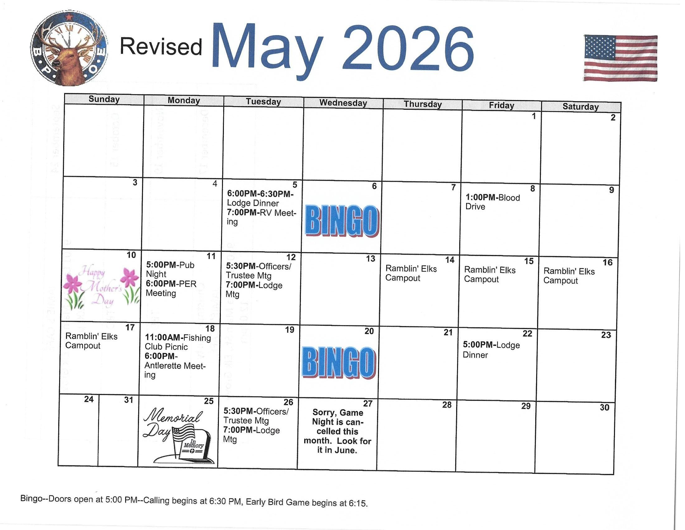May 2026 calendar with events like Bingo, Lodge meetings, and Ramblin' Elks Campout.