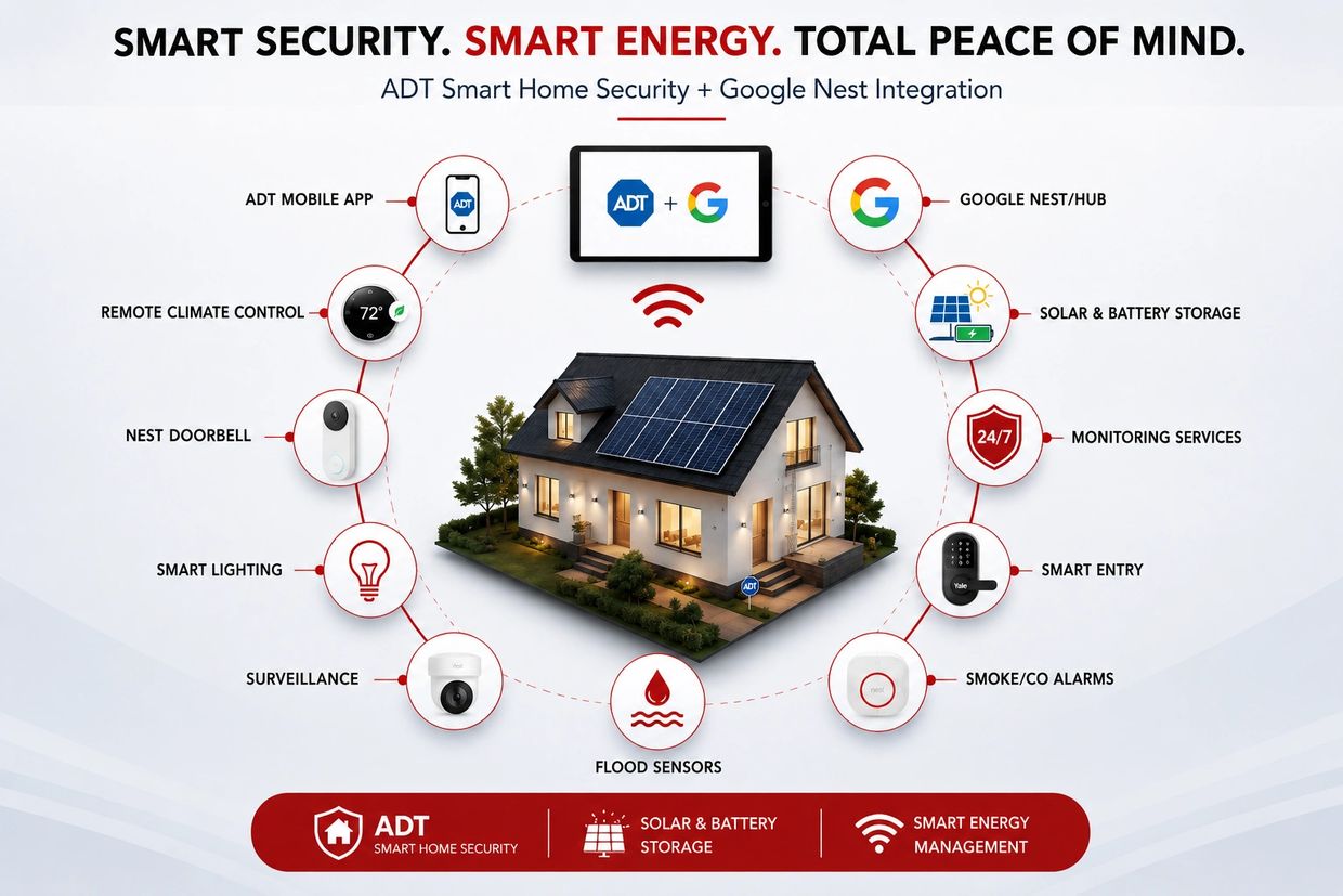 Google Nest Integration with ADT Security Monitoring and Smart Energy Management for Solar