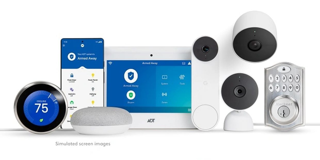 ADT smart home with Google Nest cameras and command touchpad, ADT Control app and smart door lock