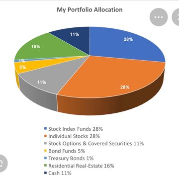 A pie chart showing portfolio allocation percentages across various asset types.