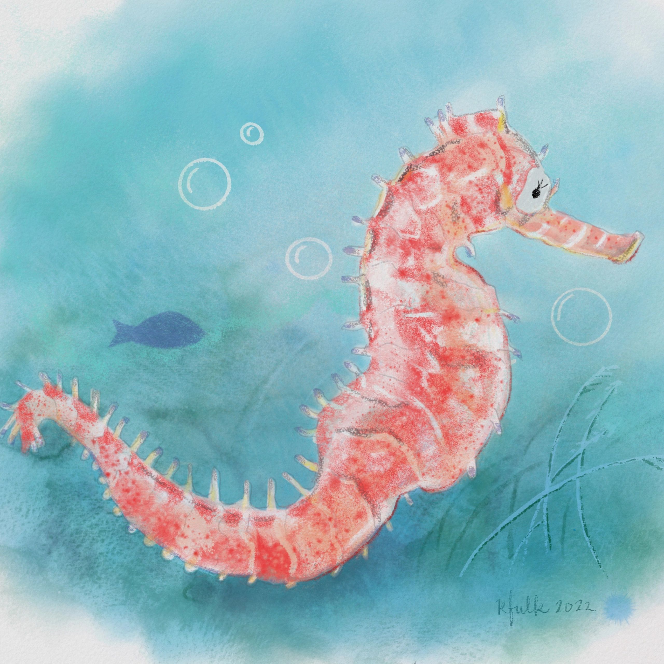A drawing of a red and orange seahorse in the ocean.