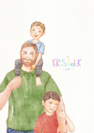 A digital watercolor illustration of two young boys with their dad.