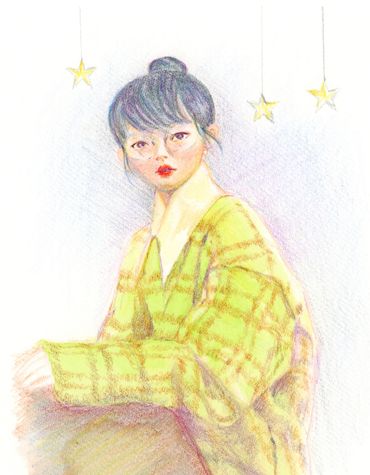 A drawing of an Asian girl in a yellow jacket and round glasses.